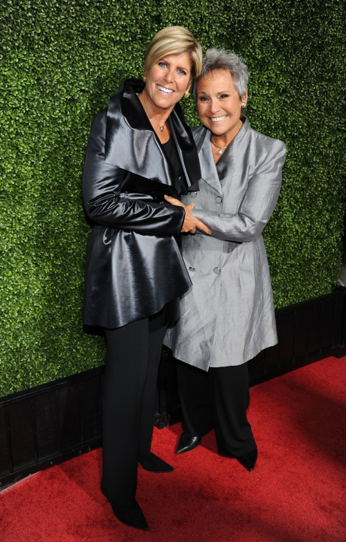 PASADENA, CA - JANUARY 06:  TV Personality Suze Orman and partner Kathy Travis, arrive at OWN: Oprah Winfrey Network's 2011 TCA Winter Press Tour Cocktail Party at the Langham Hotel on January 6, 2011 in Pasadena, California.  (Photo by Frazer Harrison/Getty Images)